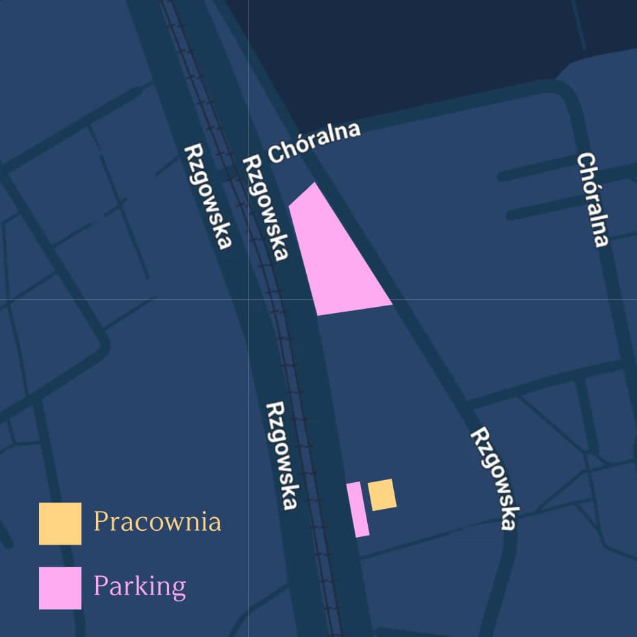 Mapka z zaznaczoną lokalizacją Pracowni Bliss i pobliskiego parkingu przy ul. Rzgowskiej